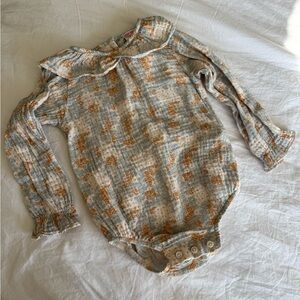 Zara Girls Floral Gauze Peter Pan Collar 9-12 mo Bodysuit Blue Lightweight